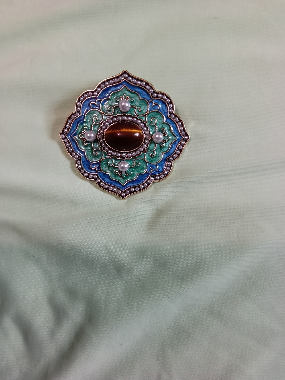Enamel Floral Statement Brooch with Tiger Eye and Pearls - Green Blue